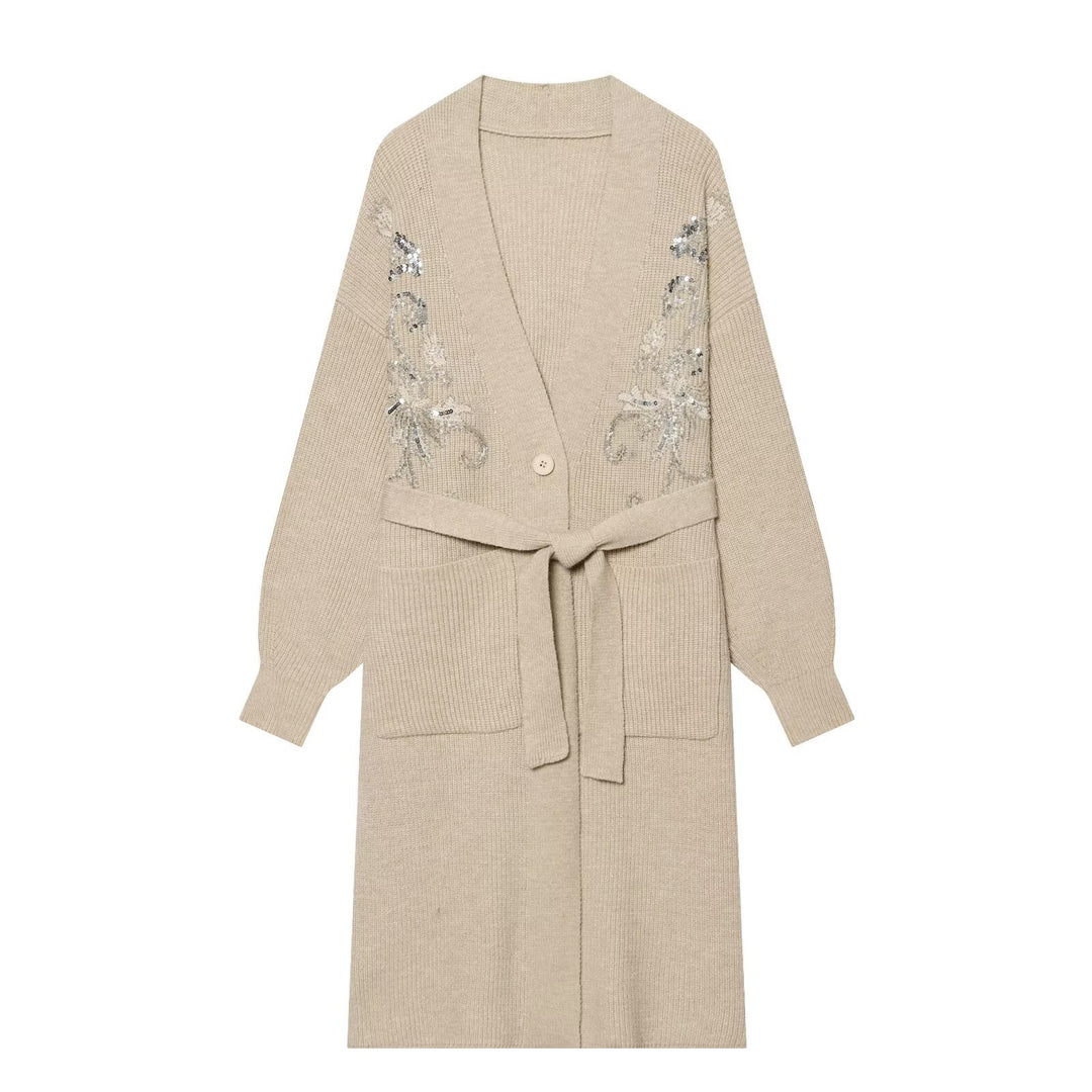 Damen Langer Strickcardigan mit Taillengürtel und Pailletten‑Stickerei Nord Taschen