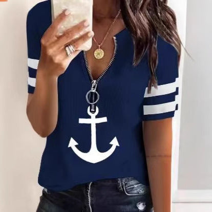 Damen Sportliches T-Shirt mit Reißverschluss und maritimen Motiven