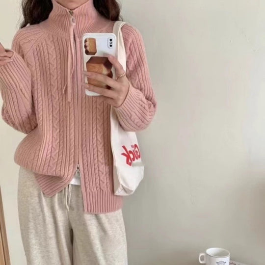 Damen Kastiger Zopfstrick‑Cardigan mit Zweiwege‑Reißverschluss, Stehkragen und breitem Rippsaum Nord Taschen