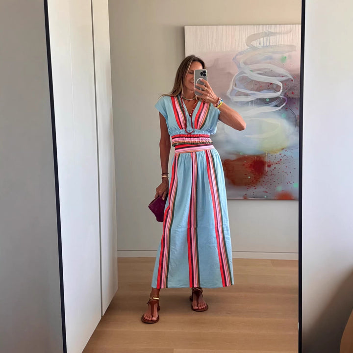 Damen Strandmaxi-Kleid mit elastischem Taillenbund und buntem Streifenmuster