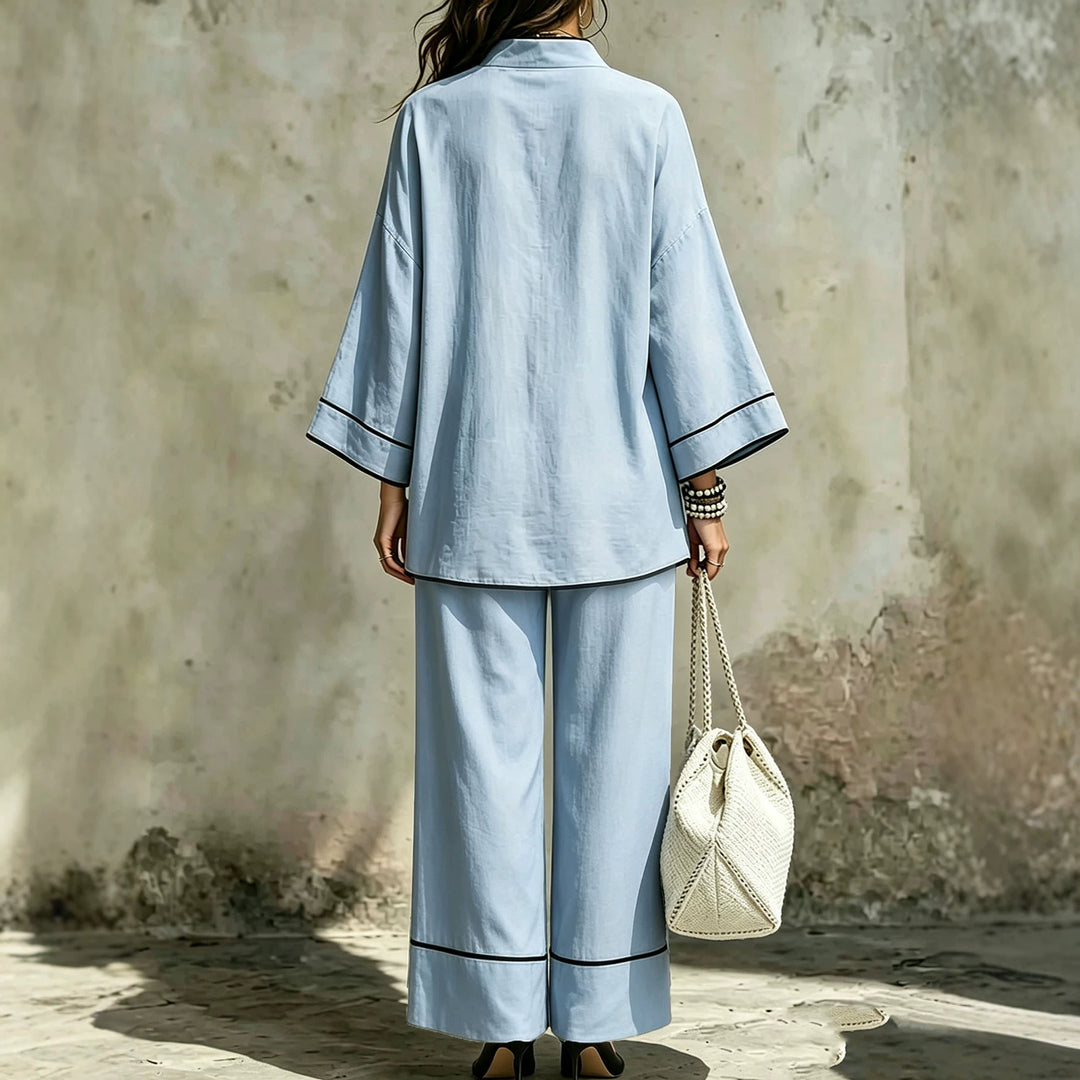 Damen Lässiges zweiteiliges Leinenoptik-Loungewear-Set mit Stehkragen, V-Ausschnitt und weitem Beinschnitt Nord Taschen