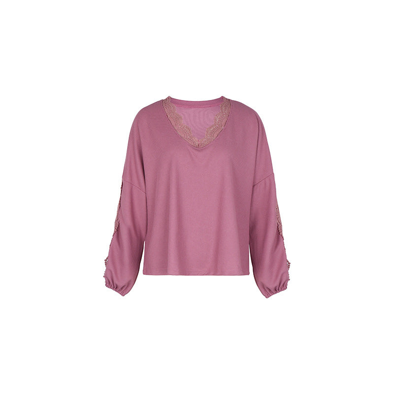 Damen Lockeres Shirt mit V‑Ausschnitt, Spitzenbesatz und Ballonärmeln Nord Taschen