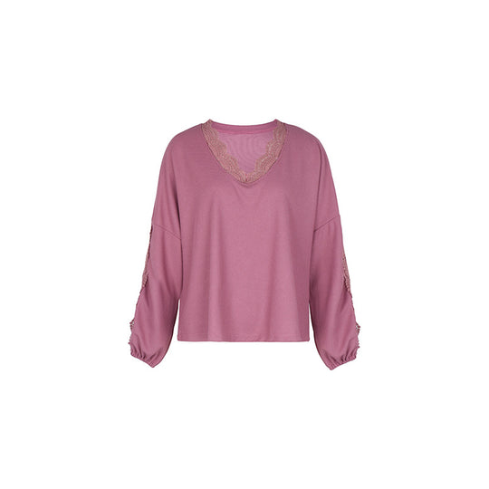 Damen Lockeres Shirt mit V‑Ausschnitt, Spitzenbesatz und Ballonärmeln Nord Taschen