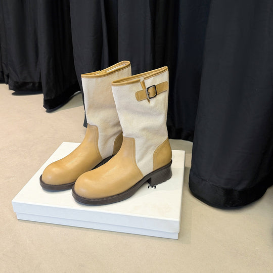 Damen Mid-Calf Stiefel aus Glattleder und Canvas mit Zier-Schnallenriemen Nord Taschen