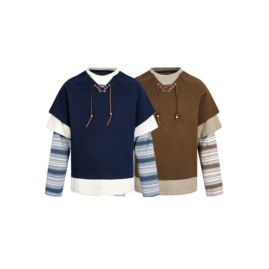 Damen Lagenlook-Sweatshirt mit Schnürung, gestreiften Ärmel-Einsätzen und asymmetrischem Saum Nord Taschen
