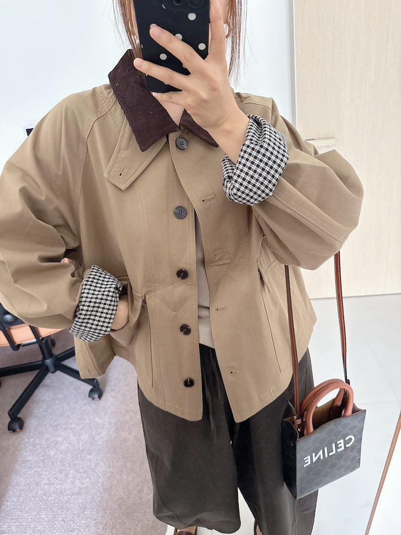 Damen Kurzjacke im Worker-Stil mit Cordkragen und aufgesetzten Pattentaschen Nord Taschen