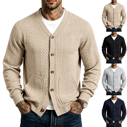 Herren strukturierter Strickcardigan mit Zopfmuster, V-Ausschnitt und aufgesetzten Taschen Nord Taschen