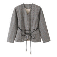 Damen Taillierte Glencheck-Blazerjacke mit V-Ausschnitt und Bindegürtel Nord Taschen