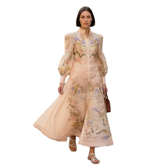 Damen Maxikleid mit floralem Druck, durchgehender Knopfleiste und voluminösen Puffärmeln Nord Taschen