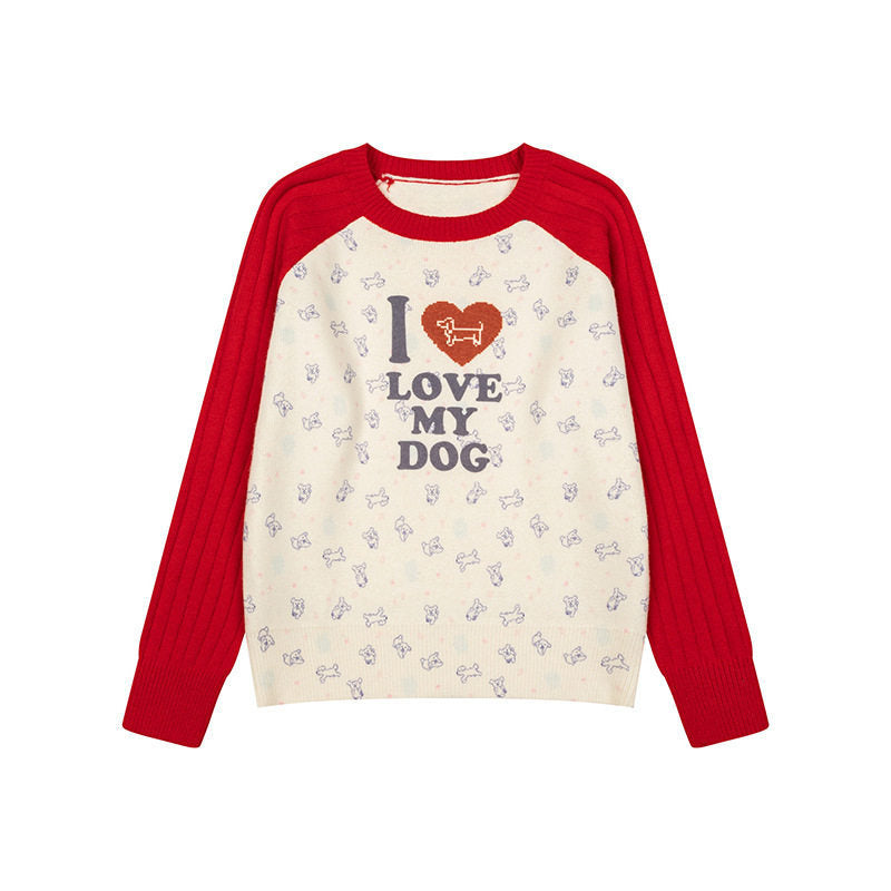 Damen Gestrickter Raglanpullover mit Herz‑Hundemotiv, Rippärmeln und Allover-Print Nord Taschen