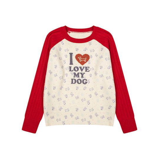 Damen Gestrickter Raglanpullover mit Herz‑Hundemotiv, Rippärmeln und Allover-Print Nord Taschen