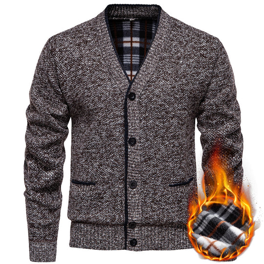 Herren Strukturierter V-Ausschnitt Strickcardigan mit kontrastierter Kante und kariertem Innenbesatz Nord Taschen