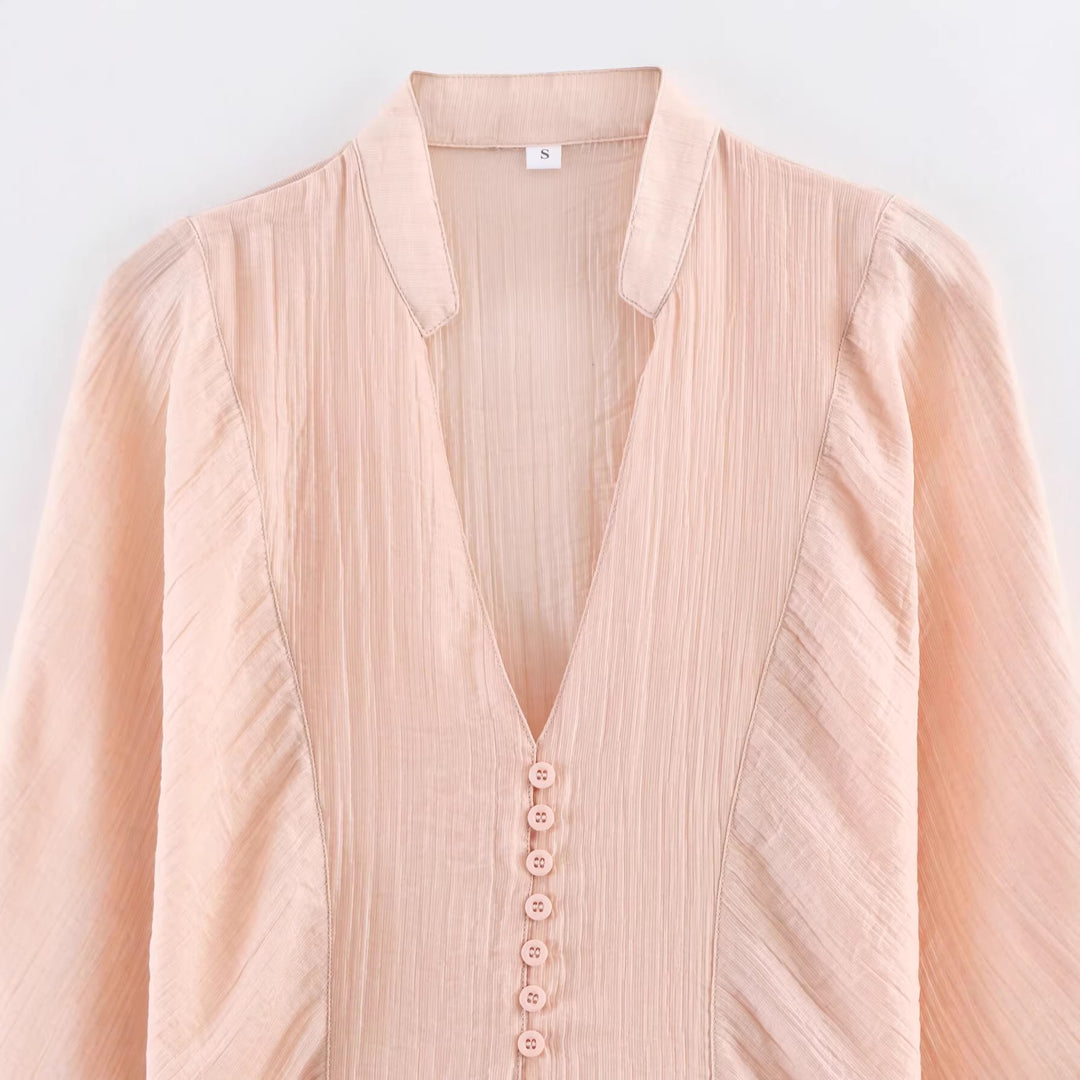 Damen Taillierte Bluse mit Stehkragen, V‑Ausschnitt und dekorativer Knopfleiste Nord Taschen