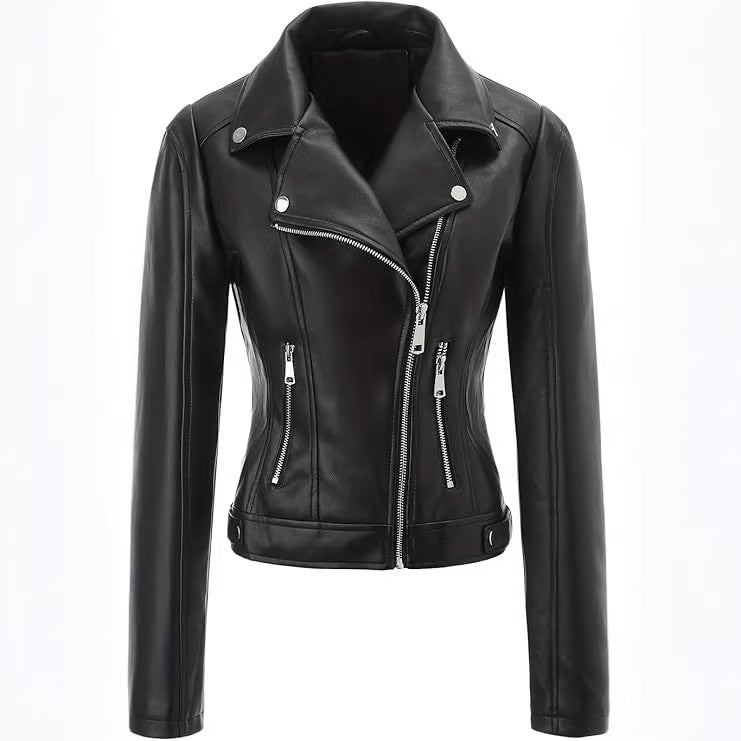 Damen Kurz geschnittene taillierte Bikerjacke aus Nappaleder mit asymmetrischem Reißverschluss Nord Taschen