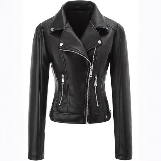 Damen Kurz geschnittene taillierte Bikerjacke aus Nappaleder mit asymmetrischem Reißverschluss Nord Taschen