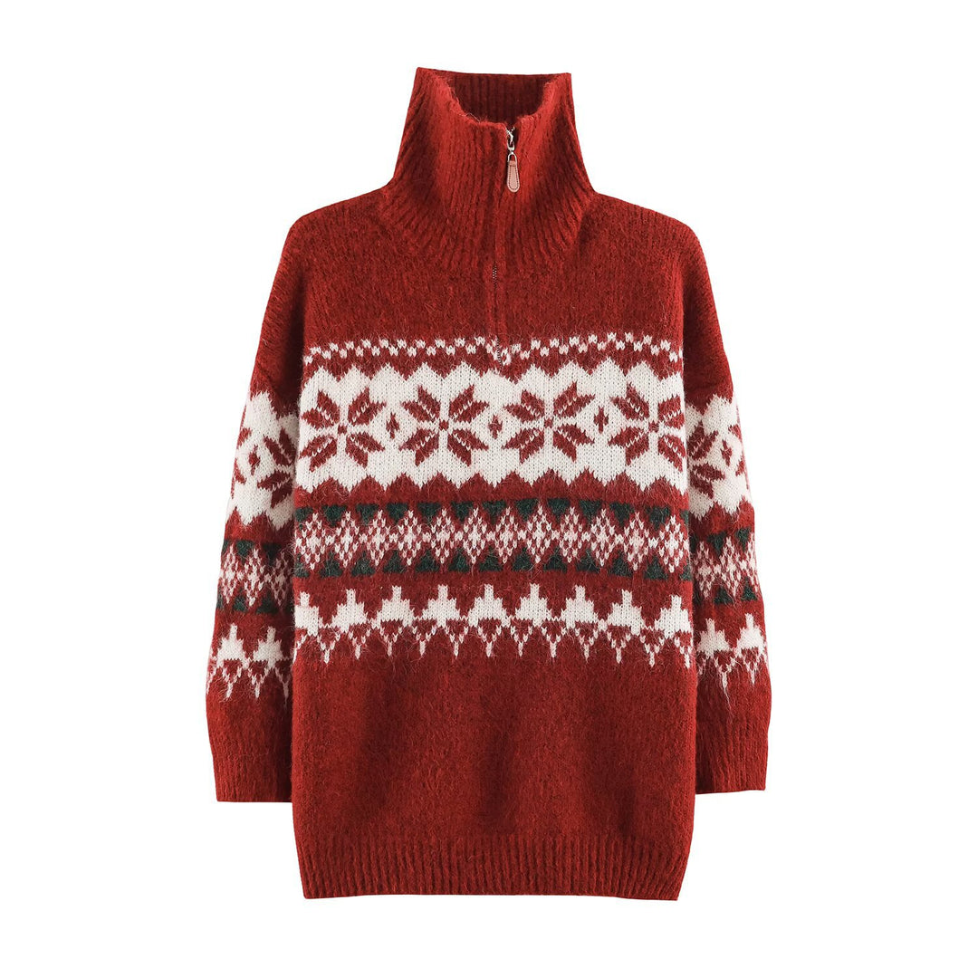 Damen Norwegermuster Strickpullover mit halbem Reißverschluss und Stehkragen Nord Taschen