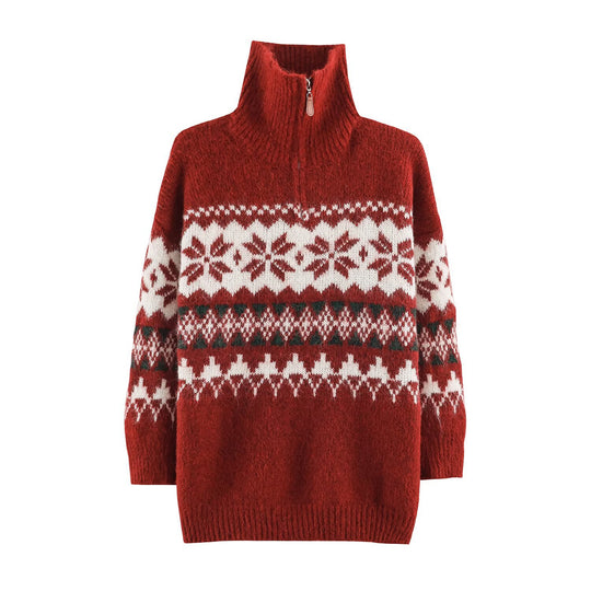 Damen Norwegermuster Strickpullover mit halbem Reißverschluss und Stehkragen Nord Taschen