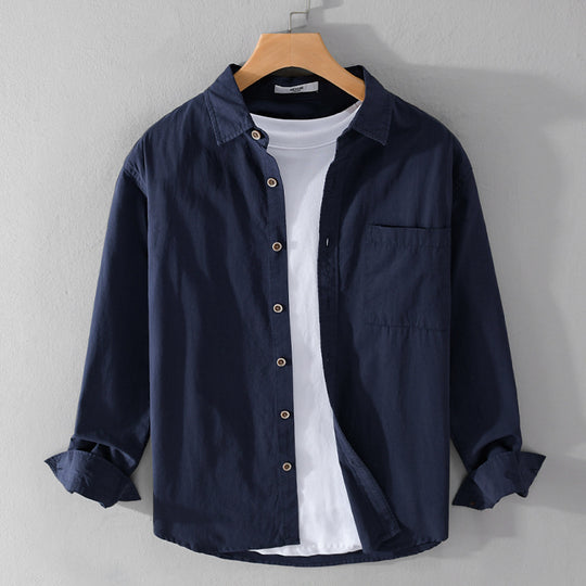 Herren Leichtes Baumwoll-Layering-Overshirt mit Kentkragen, Holzknöpfen und aufgesetzter Brusttasche Nord Taschen