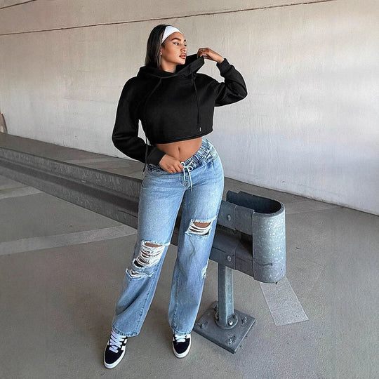 Damen kurzes Kapuzen-Sweatshirt Cropped-Hoodie mit Kordelzug gerippten Bündchen und lässiger Oversize-Passform Nord Taschen