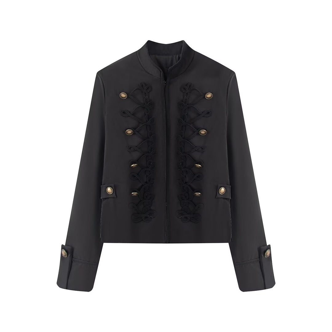 Damen Kurzjacke im Militärestil mit Stehkragen Kordverzierung und Zierknöpfen Nord Taschen