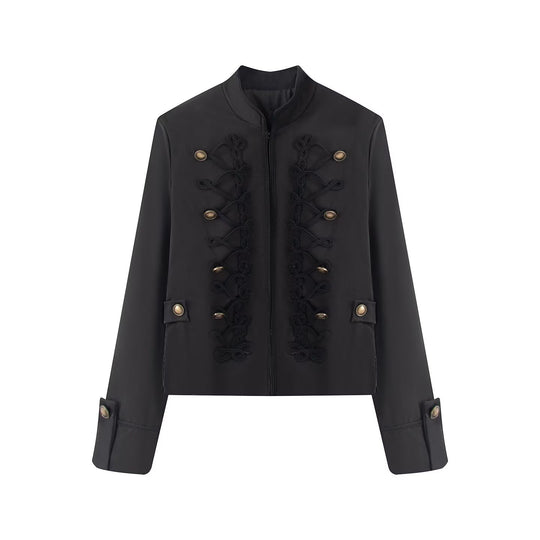 Damen Kurzjacke im Militärestil mit Stehkragen Kordverzierung und Zierknöpfen Nord Taschen