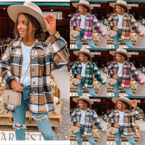 Damen Oversized Kariertes Flanell‑Shacket mit Brusttaschen und Holzknöpfen Nord Taschen
