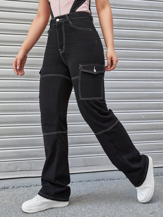 Damen Hochtaillierte Cargo-Hose mit Kontrastnähten und geradem Bein Nord Taschen