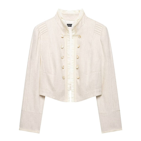 Damen Cropped Jacke mit Stehkragen, Biesenärmeln und Rüschenblende Nord Taschen