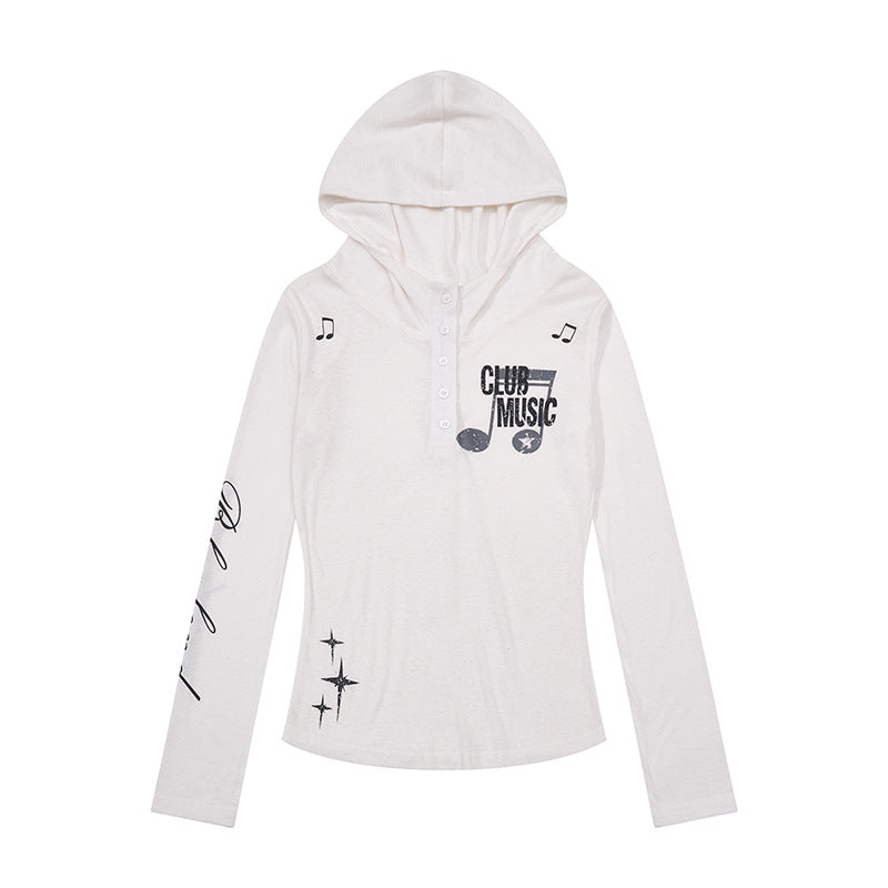 Damen Leichtes Langarm-Hoodie-Henleyshirt mit Knopfleiste, Kapuze und Music-Print Nord Taschen