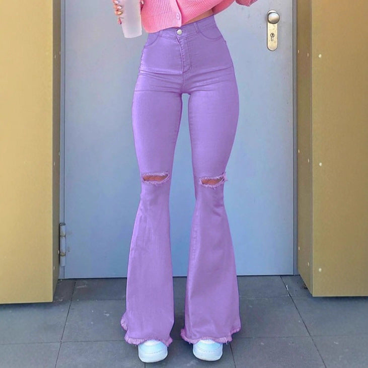 Damen Hochgeschnittene Stretch-Flared-Jeans mit Knieausriss, ausgestelltem Bein und rohem Saum Nord Taschen