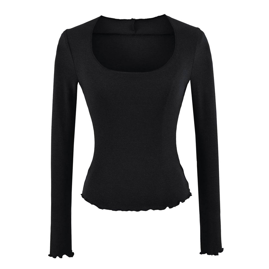 Damen Figurbetontes Langarm-Feinstrickshirt mit quadratischem Ausschnitt und Wellensaum Nord Taschen
