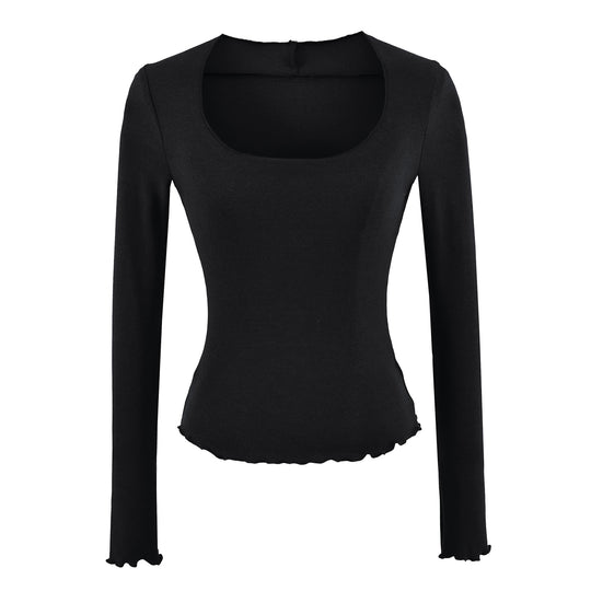 Damen Figurbetontes Langarm-Feinstrickshirt mit quadratischem Ausschnitt und Wellensaum Nord Taschen