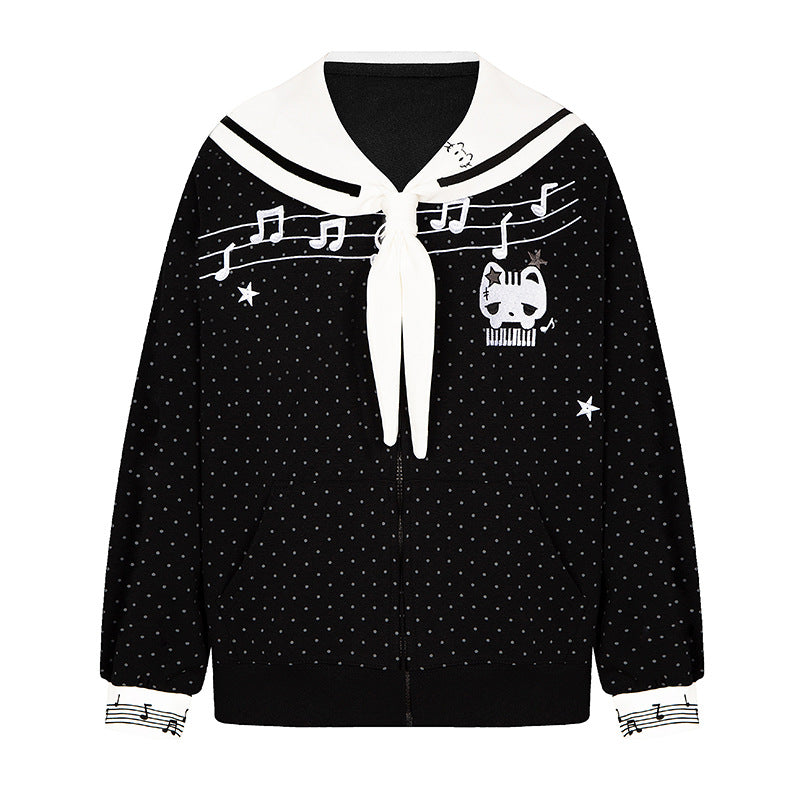 Damen Reißverschluss‑Sweatjacke im Matrosenstil mit Schleifenkragen, Polka‑Dot und Musikmotiv Nord Taschen