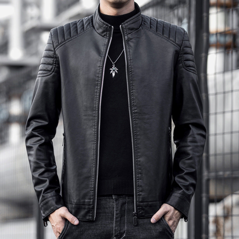 Herren Schmale Kunstleder‑Fliegerjacke mit gepolsterten Schultersteppungen und Stehkragen Nord Taschen