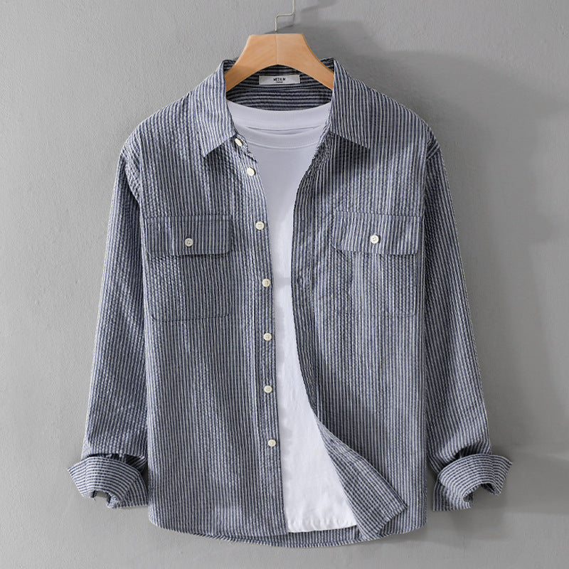 Herren Leichtes Overshirt im Nadelstreifen-Look aus Leinen‑Baumwollmix mit aufgesetzten Brusttaschen Nord Taschen