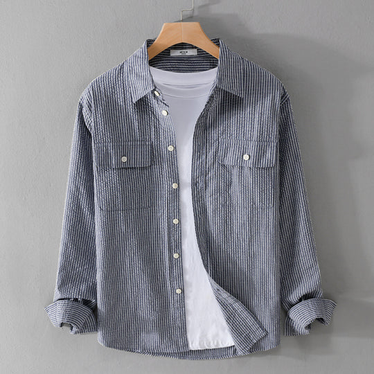 Herren Leichtes Overshirt im Nadelstreifen-Look aus Leinen‑Baumwollmix mit aufgesetzten Brusttaschen Nord Taschen