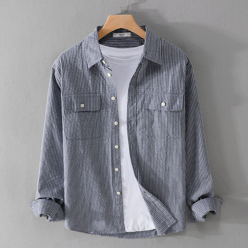 Herren Leichtes Overshirt im Nadelstreifen-Look aus Leinen‑Baumwollmix mit aufgesetzten Brusttaschen Nord Taschen