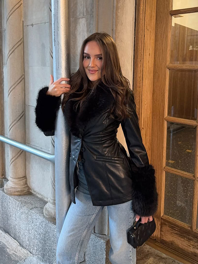 Damen Taillierter Lederimitat-Midimantel mit Wiener Nähten, voluminösem Faux‑Fur‑Schalkragen & Fellmanschetten Nord Taschen