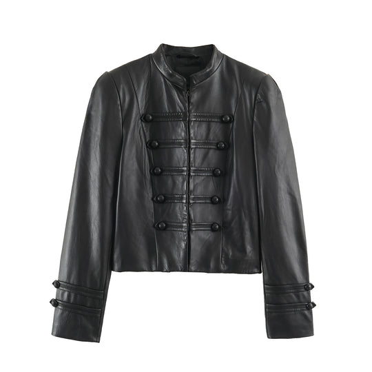Damen Cropped-Lederoptik-Jacke im militärisch inspirierten Design mit Stehkragen und Zierdöbeln Nord Taschen