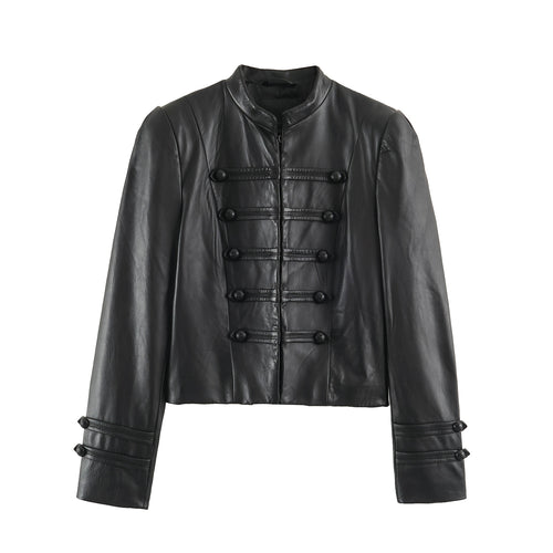 Damen Cropped-Lederoptik-Jacke im militärisch inspirierten Design mit Stehkragen und Zierdöbeln Nord Taschen