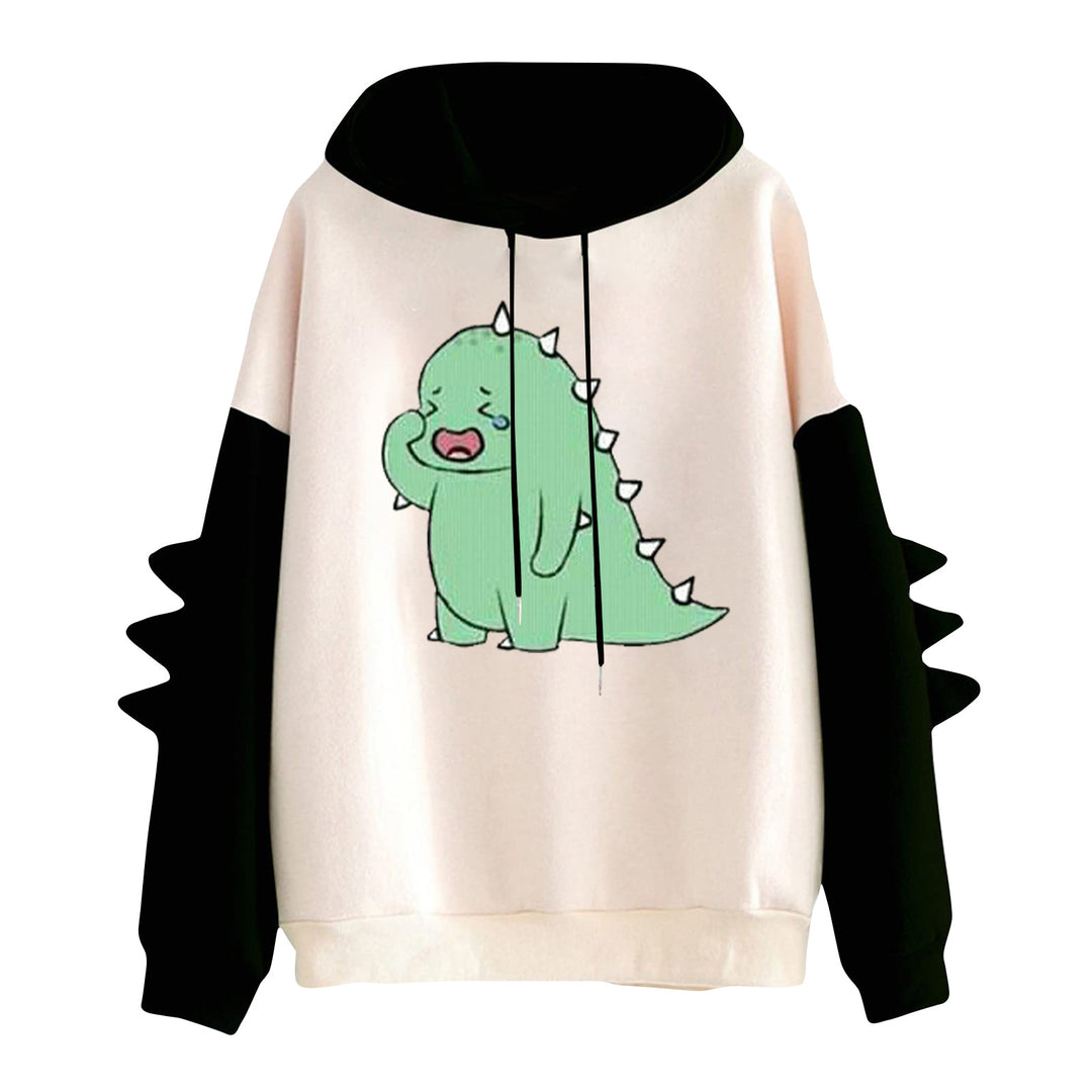Damen nan Kapuzenpullover mit niedlichem Dino-Print, kontrastkapuze und dekorativen Stoffstacheln Nord Taschen