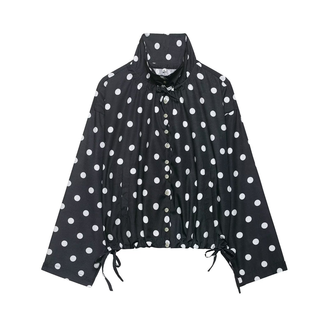 Damen Leichte Oversize-Polka-Dot Windjacke mit Stehkragen, Knopfleiste und Kordelzug Nord Taschen