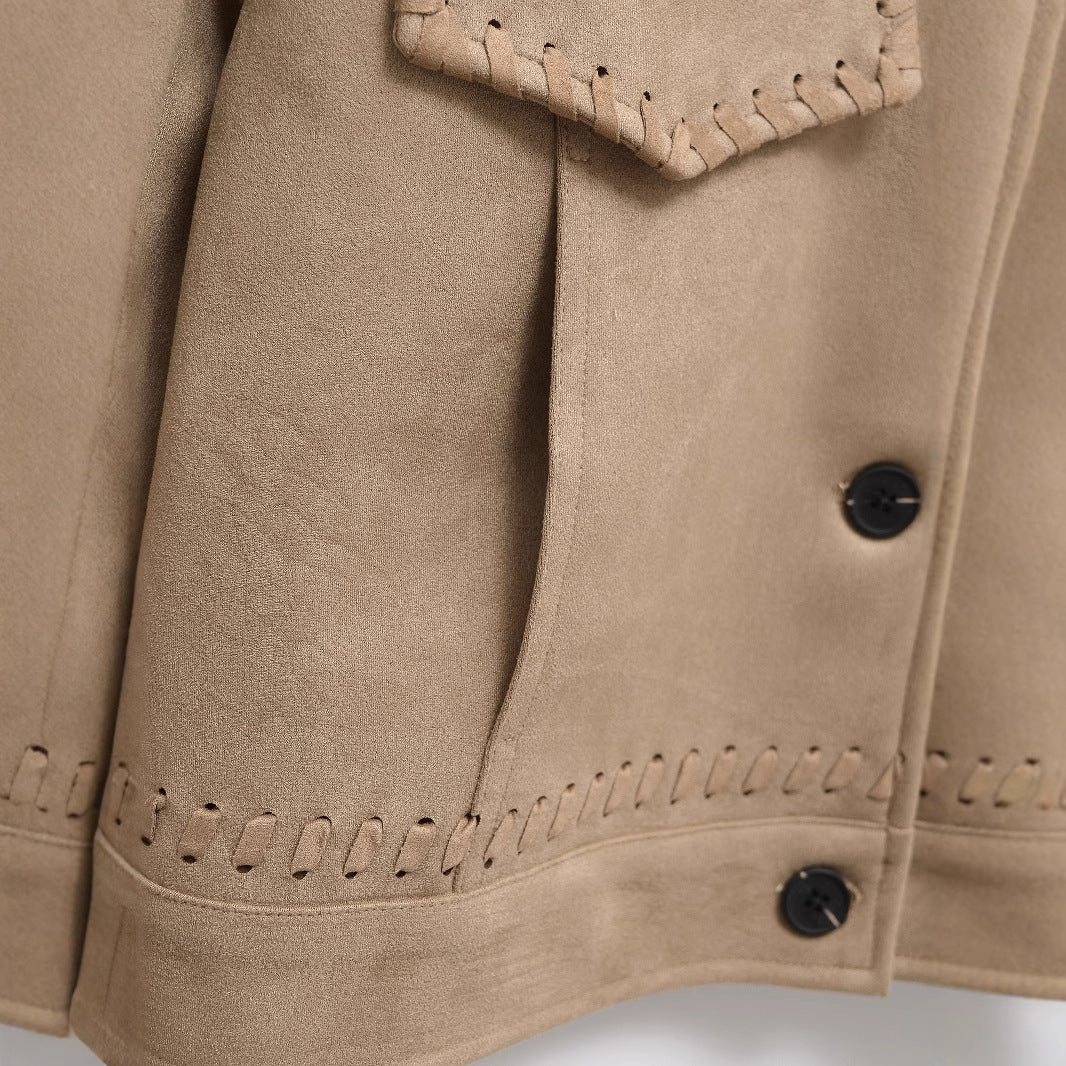 Damen Kurzjacke aus Veloursimitat mit Ziernaht‑Schnürung Nord Taschen
