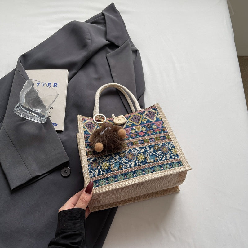 Damen Jute-Handtasche mit handgewebtem Ethnodruck Nord Taschen