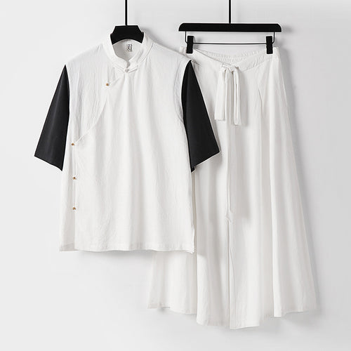 Damen Zweiteiliges Kimono-Loungewear-Set aus Leinenmischung mit Stehkragen asymmetrischer Knopfleiste und weitem Palazzo-Hosenrock Nord Taschen