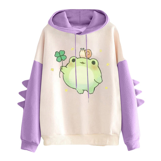 Damen nan Kapuzenpullover mit niedlichem Frosch-Motiv, Kängurutasche und volumigen Ärmelapplikationen Nord Taschen