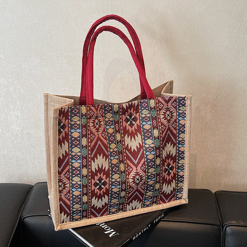 Damen Jute-Tragetasche mit kunstvollem Ethno-Muster Nord Taschen