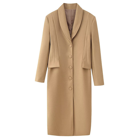 Damen Taillierter Longline-Wollmix-Mantel mit Schalkragen und verdeckter Knopfleiste Nord Taschen