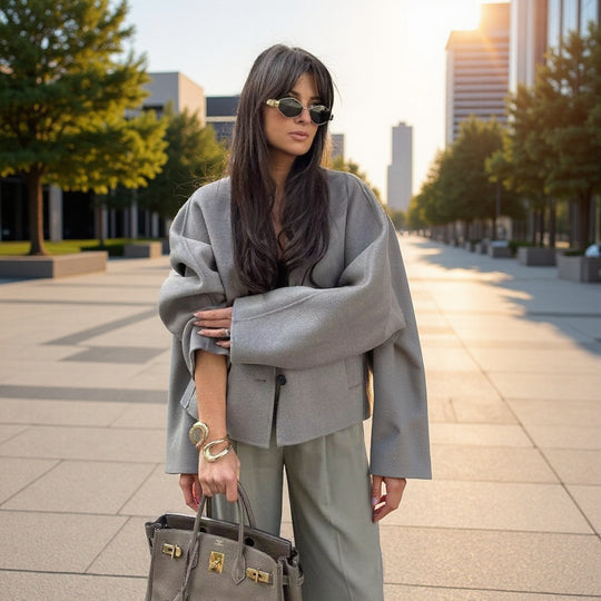 Damen Kurzmantel aus Wollmix mit Oversize‑Silhouette, V‑Ausschnitt und Zweiknopfverschluss Nord Taschen