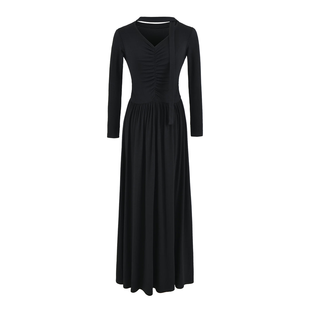 Damen Langes Jersey-Maxikleid mit Raffung, V-Ausschnitt und Bindeschal Nord Taschen